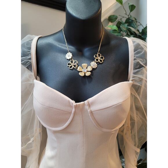 Womens Cocktail Dress Medium Pink Sheer Long Sleeve Mesh Bustier Bodycon Party - Picture 3 of 11